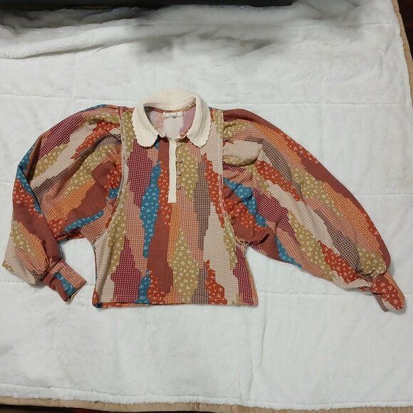 WOMENS GIMMECK BY BUCKLE BOHO TOP BALLON SLEEVES CROCHETED COLLAR SIZE SMALL - Picture 9 of 12